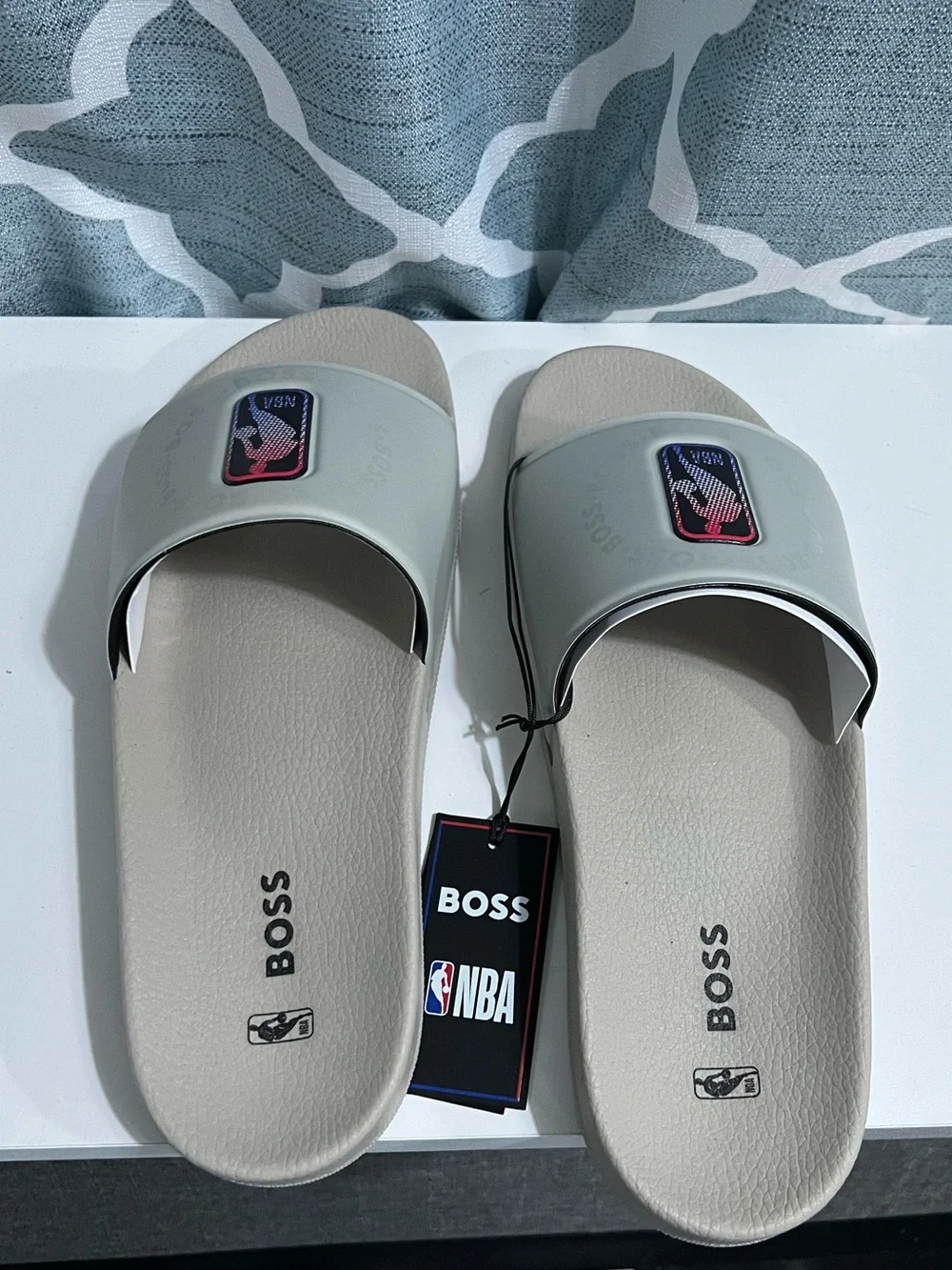 Hugo Boss Light Gray Slide Sandals with NBA Red & Blue Logo Patch